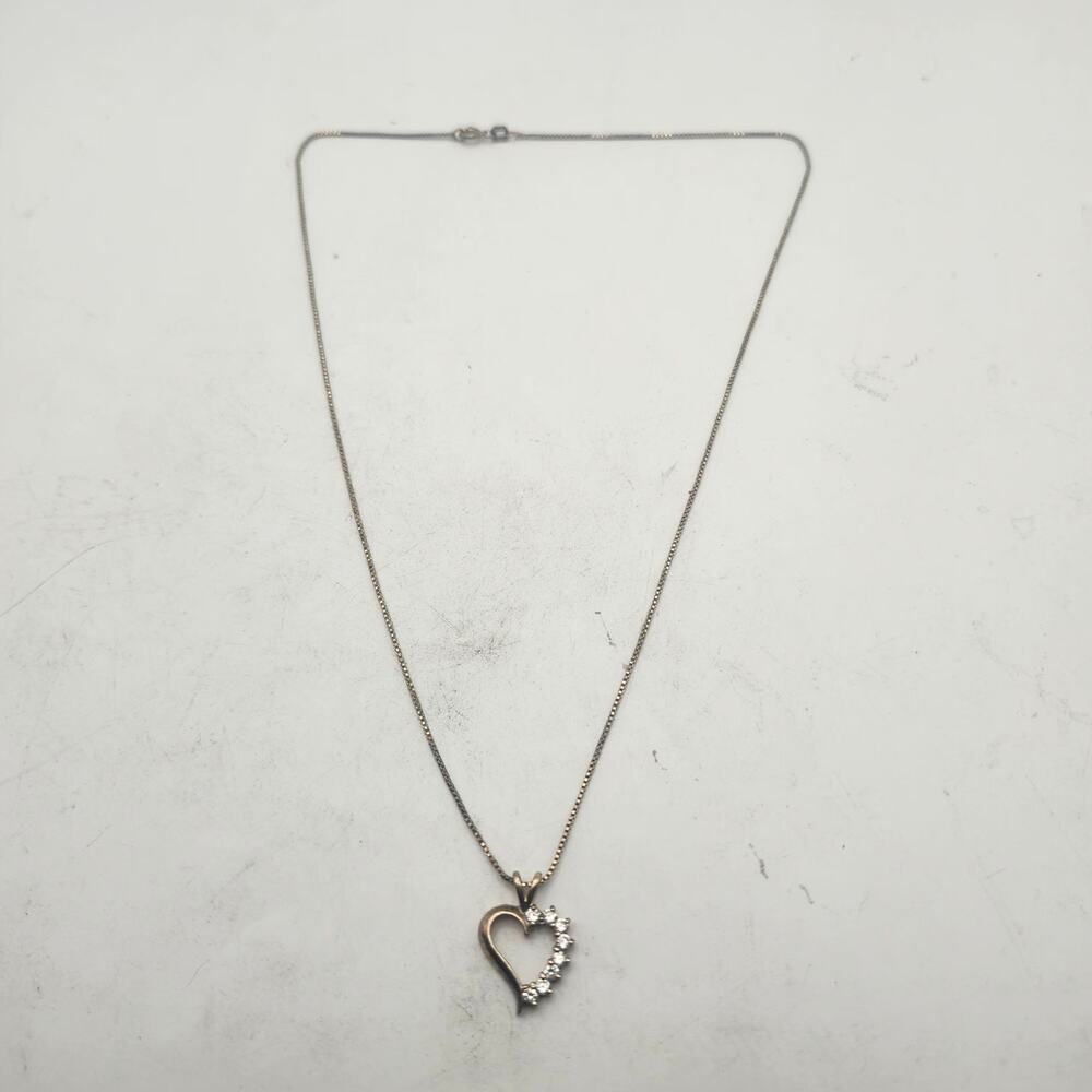 Sunstone SU 925 Italy Gold Vermeil Box Chain Heart Clear Stone Necklace 3.44g